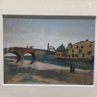 Framed Signed JLR Bridge Waterfront Painting
