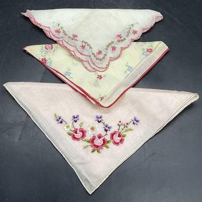3 Vintage Floral Motif & Embroidery Handkerchiefs
