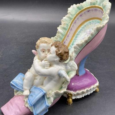 Vtg Hand Painted Porcelain Cherubs on Shoe Figural
