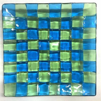 Signed Checkered Fused Art Gls Srv Dish Grn & Blue
