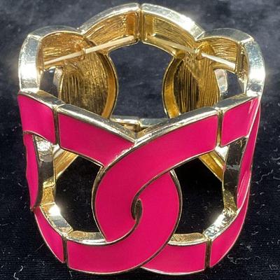 Gold Tone Pink Enamel Stretch Bracelet
