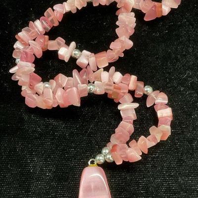 Pink Iridescent Glass Beaded Pendant Necklace
