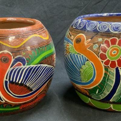 Lot 2 H Painted Mexican Folk Art Ceramic Planters
