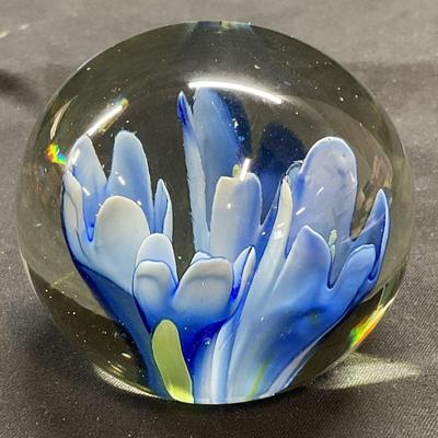 Hand Blown Blue Flower Art Glass Paperweight
