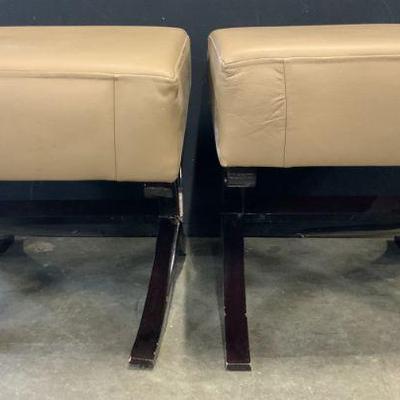 Pair Leather Upholstered Ottomans W Wood Bases
