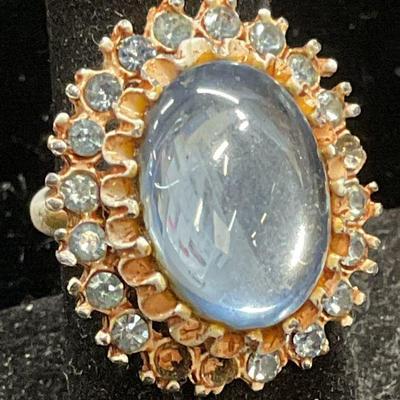 Vintage White Enamel Blue Crystal Cocktail Ring
