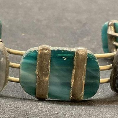 Signed Silver Tn Blue Art Glass Cuff Bracelet
