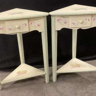 Pair Floral Motif Triangular Wooden End Tables
