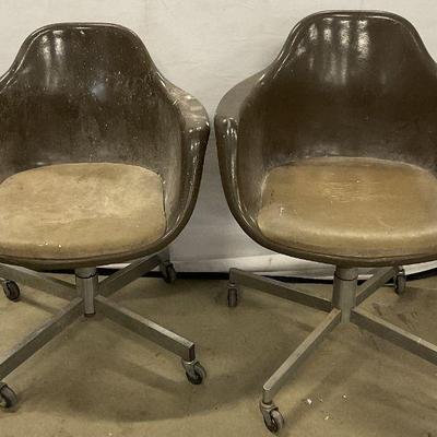 Pair MCM Eames Brown Shellback Swivel Chairs

