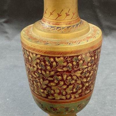 Vintage Enameled Brass Botanical Urn Vase, India

