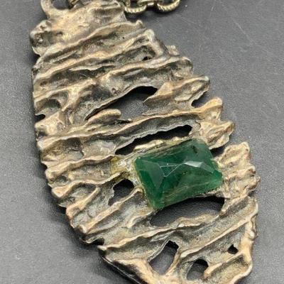 Vtg Green Gem Metal Brutalist Pendant Necklace

