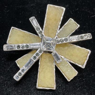 Vintage Silver Tone Crystal Lucite Brooch
