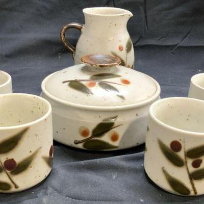 Set 8 Stoneware Pitcher, Cups, & Lidded Vessel
