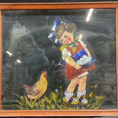 Framed Young Girl with Eggs Acrylic Painting
