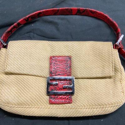 Tan & Red Baguette Woven Handbag

