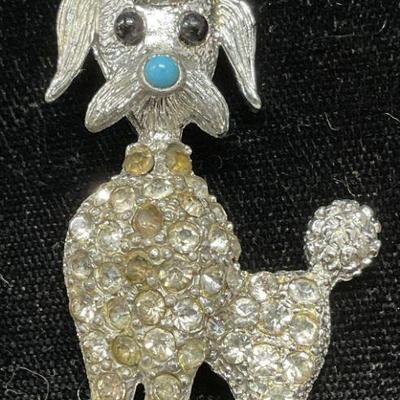 Vintage Silver Tone Crystal Poodle Dog  Brooch
