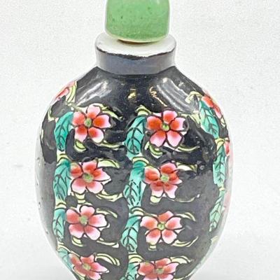 Vintage Hand Paint Asian Ceramic Snuff Bottle, Lid
