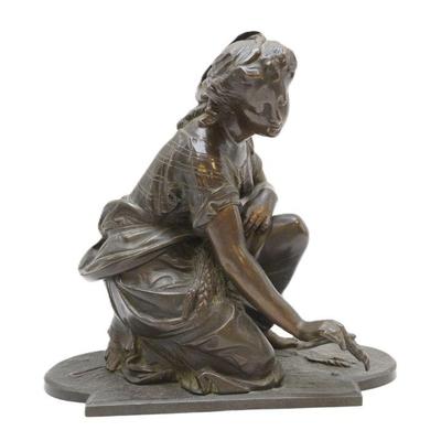 ANTIQUE FRENCH AUGUSTE MOREAU BRONZE WOMAN WITH WHEAT