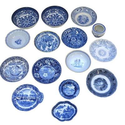 15 pc ANTIQUE BLUE & WHITE & FLOW BLUE