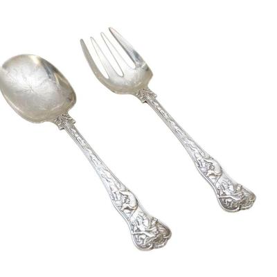 2 PC PAUL STORR 1818 ORNATE STERLING STAG HUNT SERVING SPOON & FORK