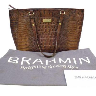 BRAHMIN LEATHER CROCODILE EMBOSSED TOTE BAG