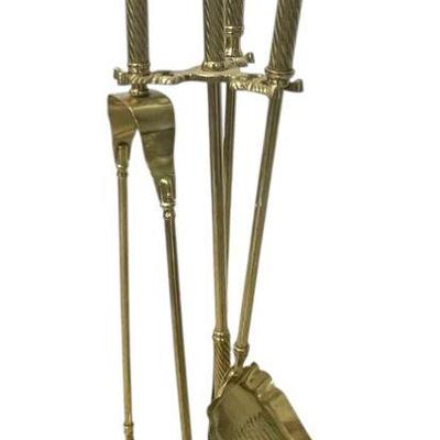 ORNATE BRASS FIREPLACE TOOL SET - 4 PIECES