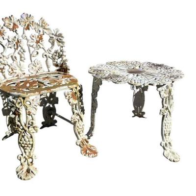VICTORIAN CAST IRON GARDEN TABLE & CHAIR GRAPE & LEAF
