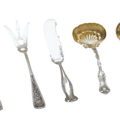 5 PC ANTIQUE STERLING SERVING PIECES LETTUCE - CASSEROLE - LADLES