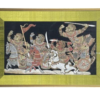 MID CENTURY THAI WARRIORS HAND PAINTED ON SILK