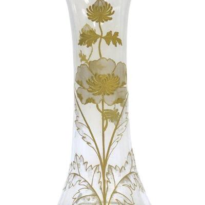 ANTIQUE FRENCH GLASS VASE WITH FLORAL GILDING