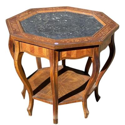 MARQUETRY INLAID OCTAGONAL MARBLE TOP SIDE TABLE