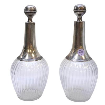 PAIR ANTIQUE FRENCH STERLING & CRYSTAL DECANTERS