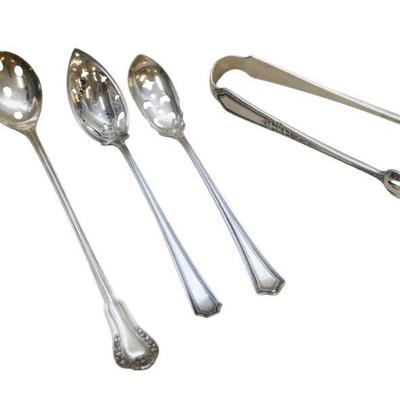 4 ANTIQUE STERLING SERVING PIECES OLIVE SPOONS - SUGAR TONGS