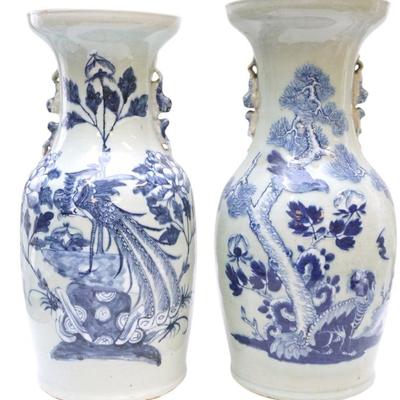 PAIR ANTIQUE CHINESE CELADON VASES UNDERGLAZE BLUE