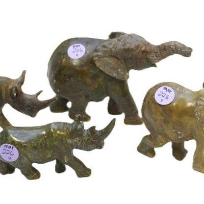 4 VERDITE STONE CARVED RHINOS & ELEPHANTS