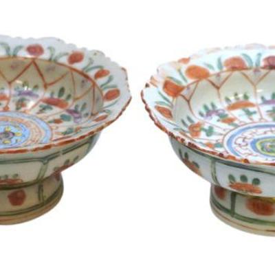 2 ANTIQUE THAI PORCELAIN BENJARONG TAZZA RARE