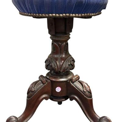 ANTIQUE MAHOGANY PIANO STOOL WITH VELVET UPHOLSTERY