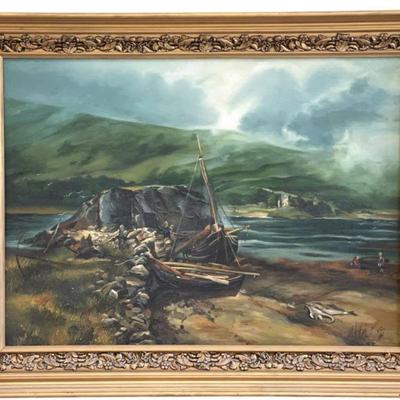 LARGE FRAMED VINTAGE COASTAL FISHING OIL ON CANVAS