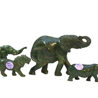 4 VERDITE STONE CARVED RHINO, LION & ELEPHANTS