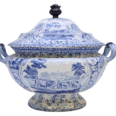JOHN BAGSTER "VIGNETTE". LARGE 1827 BLUE TRANSFERWARE TUREEN