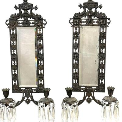 PAIR ANTIQUE NATIONAL BRASS & IRON WORKS DAUPHIN MIRRORED SCONCES