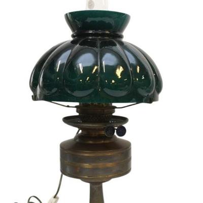ANTIQUE BRASS DITMAR VIENNA OIL LAMP W GREEN GLASS SHADE