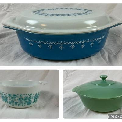Fire-King Jade-ite Lidded Casserole + Pyrex Butterprint & Snowflake Garland