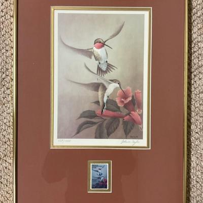 John W. Taylor Signed Framed HummingBird Print And Stamp