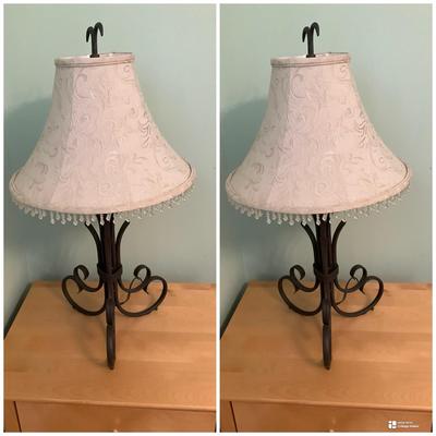 Set Of Two Wrought Iron Lamps With Beaded Shades