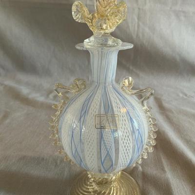 Murano Blue And Gold Venetian Latticino Perfume Bottle 