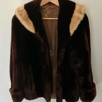 Dark Brown Faux Fur Jacket w/ Real Mink Collar