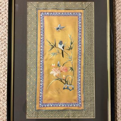 Framed Asian Hand Embroidered Silk Scarf
