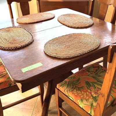 Lot 100: Stunning Oak 42” Square Table with Three 10” Leaves and Four Chairs 