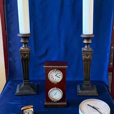 Lot 407: Vintage Seth Thomas Clock, Wood Candle Holders, Bulova Travel Arlarm Clock 